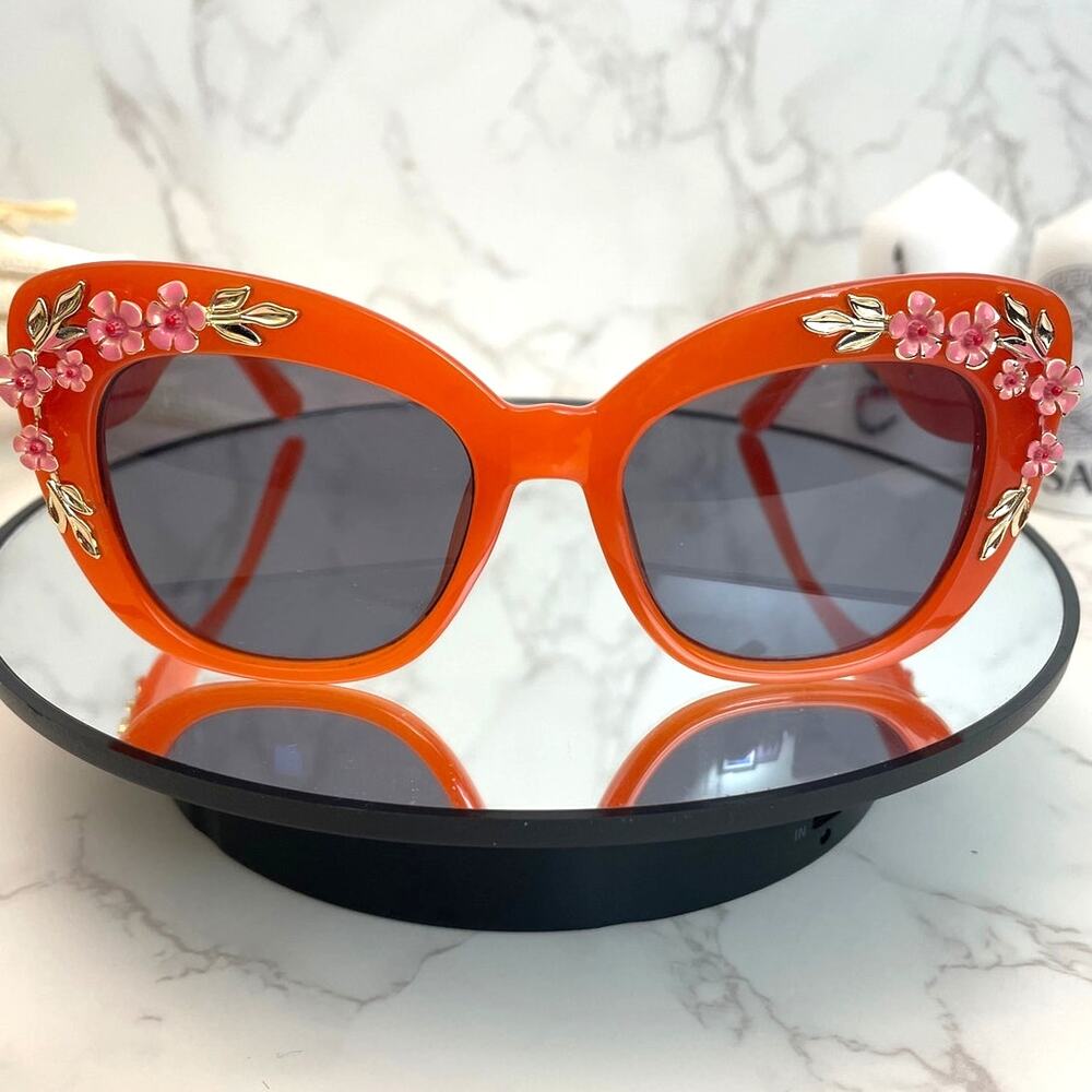 "Boutique" "Costume Fashion" Cat-Eye Orange Sunglasses Floral Embellishments NWT